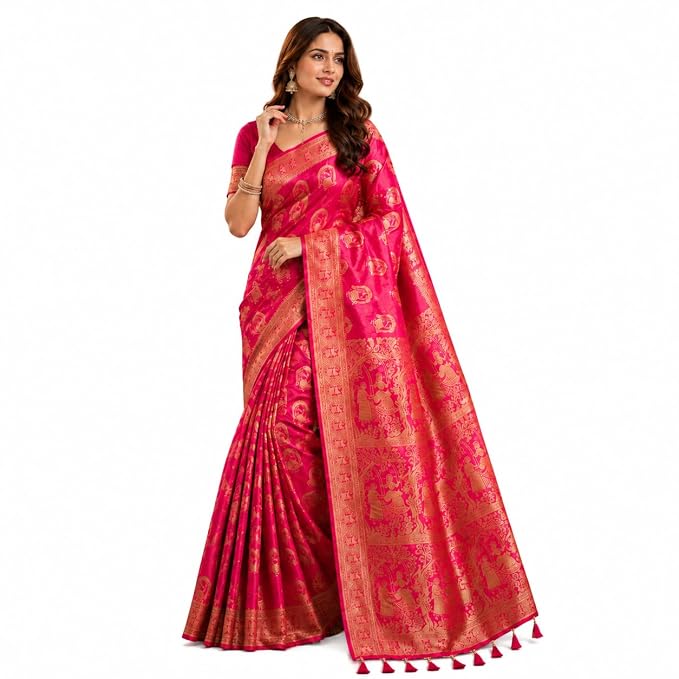 Women's Pink Banarasi Silk Blend Saree with Blouse Piece