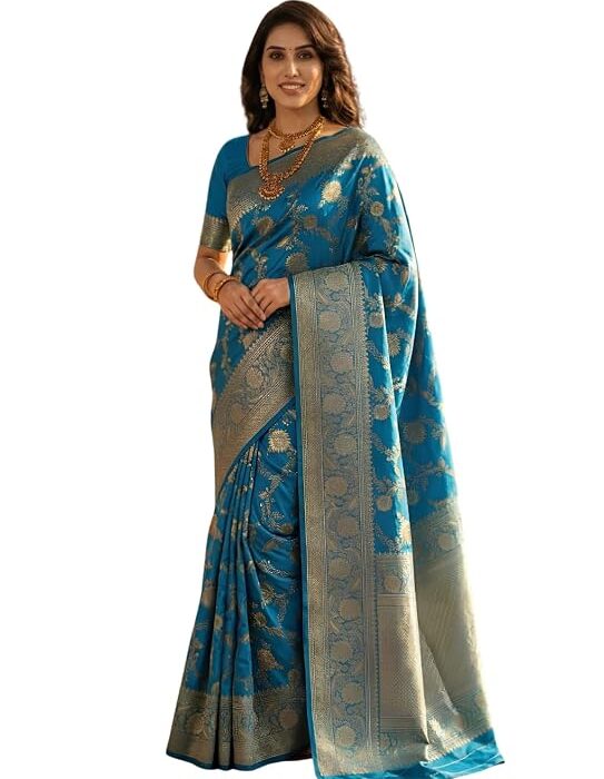 C J Enterprise Women's Pure Soft Silk Saree With Blouse Piece For Wedding