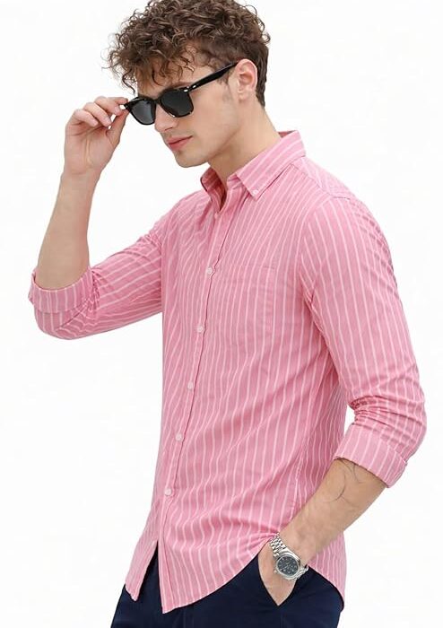 U TURN Men's Casual Printed Striped Stylish Latest Formal Plus Size Shirt for Men | Cotton Mix 220 GSM