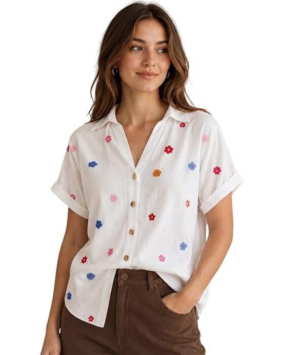 TAGAS Women's Floral Embroidered Shirt||Elegant Short Sleeve Shirts for Casual & Office Wear | Stylish Summer Button-Down Shirt for Girls & Women| Women Top's || Shirt for Womens|| Women wear|