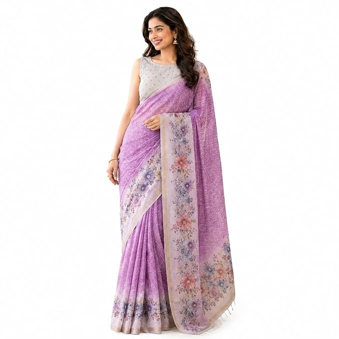 Women's Cotton Lavender Floral Printed Saree | Lightweight Purple Saree with Floral Pallu and Border