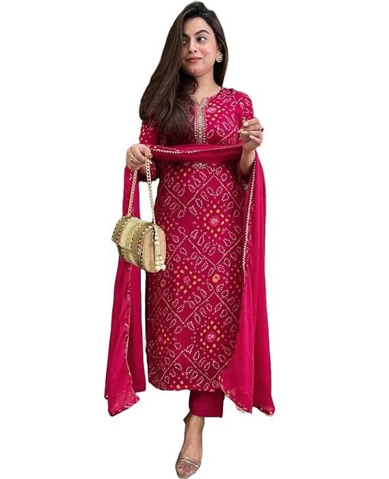 GoSriKi Viscose Printed Straight Kurta with Pant and Dupatta for Women | Viscose Wine | 3/4 Sleeve | Round Neck V-Slit | Ethnic Wear Casual Wear