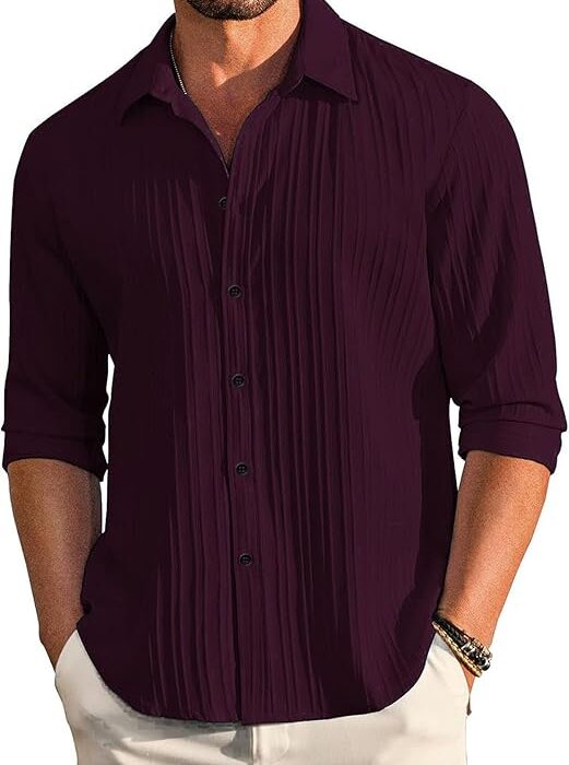 DEELMO Men's Casual Button Down Shirts Long Sleeve Linen Shirt Fashion Textured Beach Summer Shirt