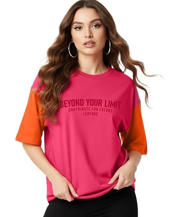 LEOTUDE Half Sleeve Cottonblend Oversized Tshirt for Women, Round Neck
