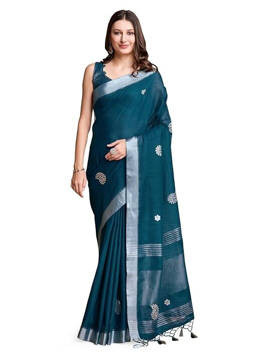 Rekha Maniyar Women's Linen Hand Gota Woven Saree With Unstitched Blouse Piece