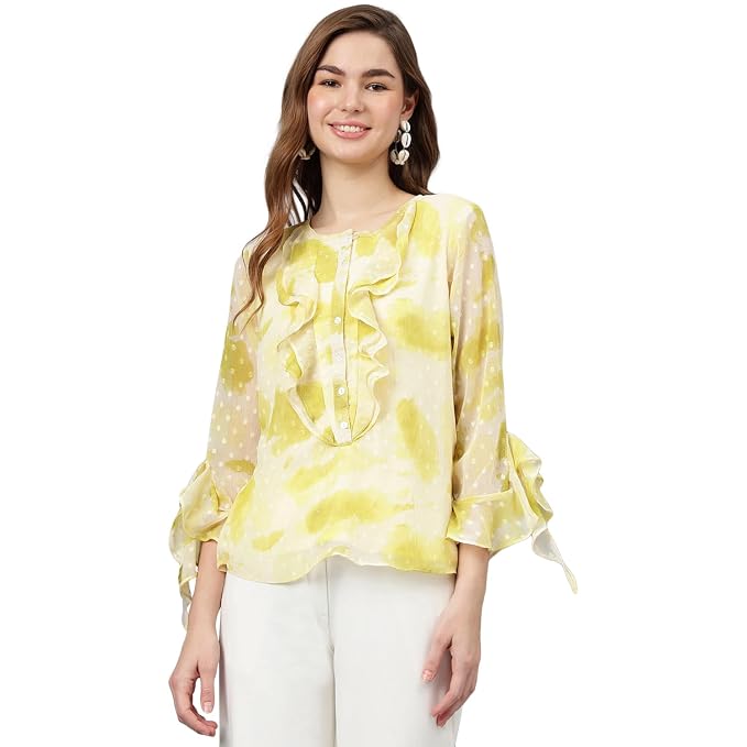 Latin Quarters Women Yellow Round Neck Three-Quarter Sleeves Printed Top for Casual Wear