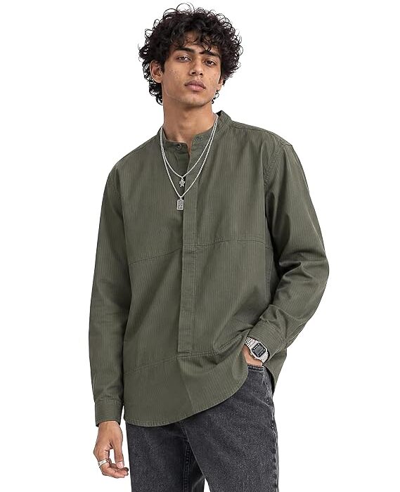 Amazon Brand - Serve Men's 100% Cotton Full Sleeve Casual Shirt | Half Placket | Mandarin Collar | Regular Fit