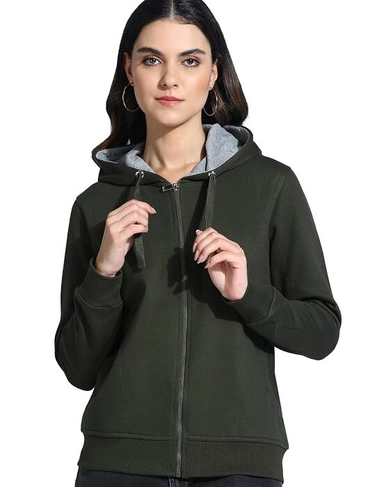 Alan Jones Clothing Women's Solid Zipper Hooded Sweatshirt | Front Zip, Ribbed Hem, Lined Hood, Casual Winter Wear