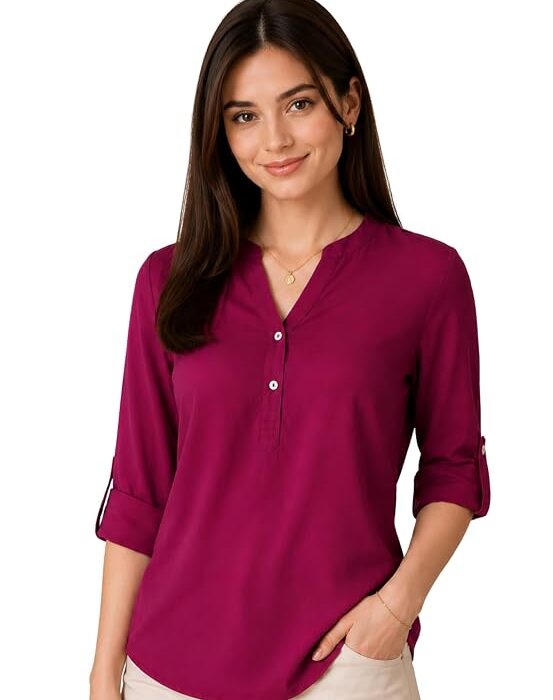 FYLTR Women's Casual Roll -Up Sleeves Rayon V-Neck Top - Western Tops | Shirts for Women | Soft & Comfortable | Tops for Jeans