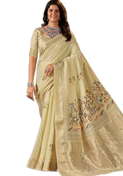 SWORNOF Womens Cotton Kantha Work saree with Unstitched blouse piece