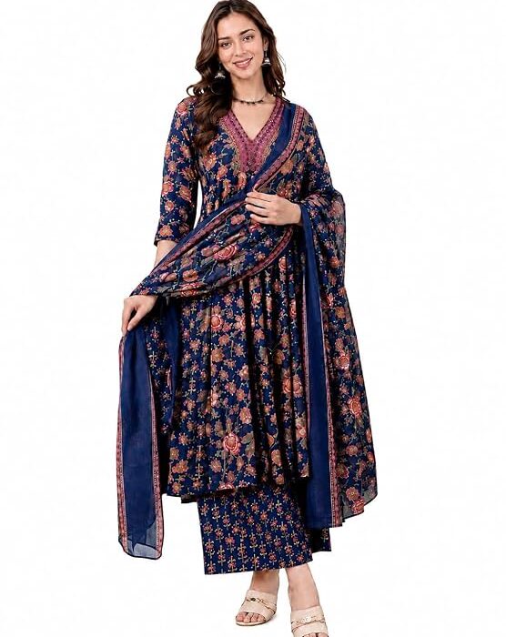 Women's Rayon Printed Anarkali Kurta and Pant with Dupatta Set