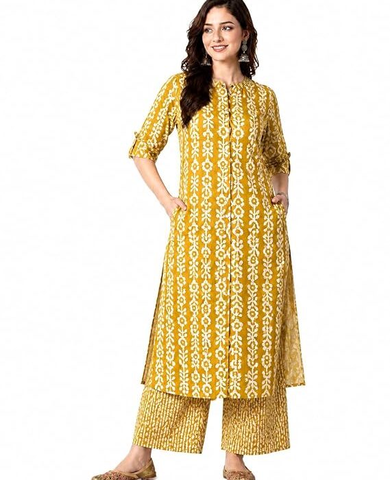 Womens 100% Cotton Printed A-Line Kurta with Palazzo Pant Set