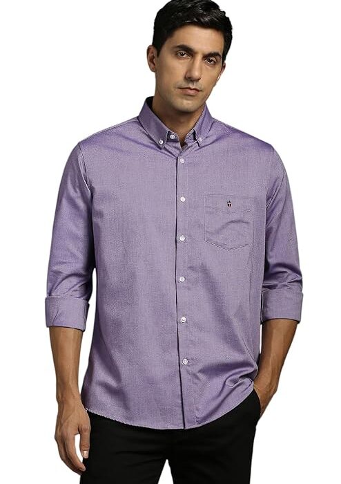 Louis Philippe Men's Slim Fit Signature Oxford Easy Care, Natural Stretch Full Sleeve Solid Casual Shirt, Cotton