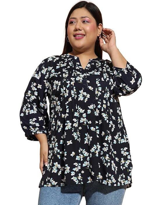 Women Plus Size Navy Blue Floral Print Top with Mandarin Collar & Three-Quarter Sleeves Pary Wedding Festivals