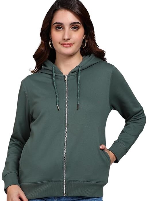 Alan Jones Clothing Women's Solid Zipper Hooded Sweatshirt | Front Zip, Ribbed Hem, Lined Hood, Casual Winter Wear