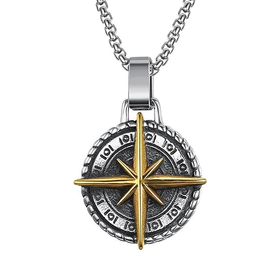Fashion Frill Silver Chain Pendant For Men Round Pendant Cross Compass Necklace Chain For Men Boys Men's Jewellery Pendant Necklace Accessories