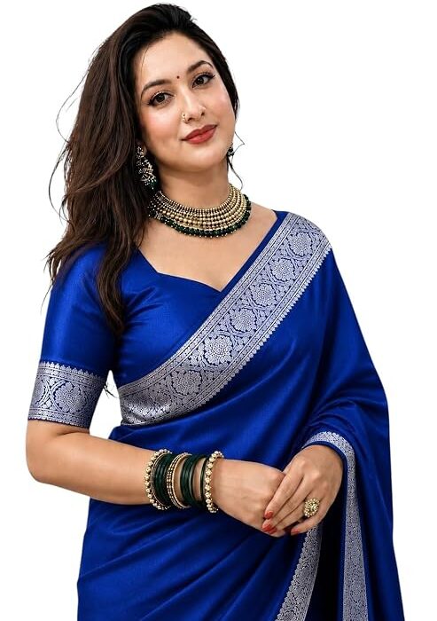 Women's Glory Banarasi Satin Kanjivaram Saree Silver Zari Border Pure Soft Blend Silk Sari Kanchipuram Paithani Silk Party Wedding Festive New Ladies Sadi with Unstiched Blouse Piece.