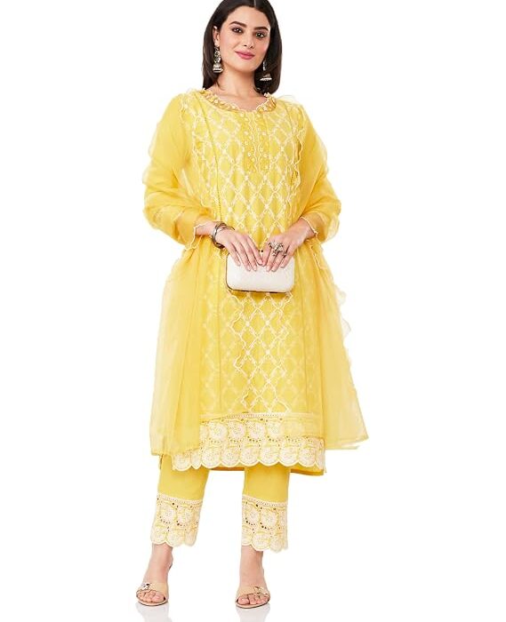 Amazon Brand - Myx Women Embroidered Cotton Kurta Pant Set with Organza Dupatta
