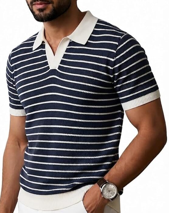GRECIILOOKS Polo T Shirt for Men | Knitted Block Collar Neck T-Shirt | Smart Casual Striped Design | Premium Mens T Shirts | Office Wear, Travel & Everyday Styling