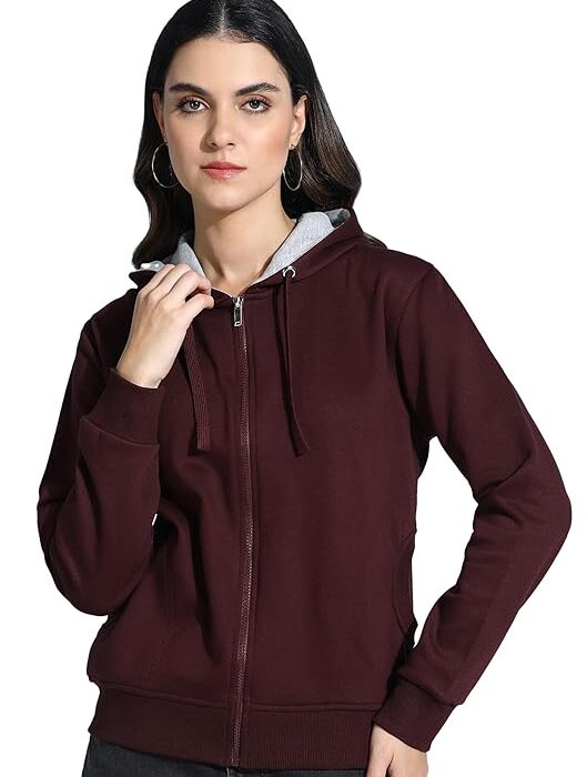 Alan Jones Clothing Women's Solid Zipper Hooded Sweatshirt | Front Zip, Ribbed Hem, Lined Hood, Casual Winter Wear