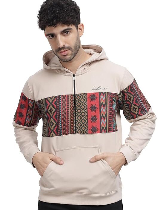 BULLMER Grey Melange Trendy Colourblock Fleece Hoodie Sweatshirt for Men
