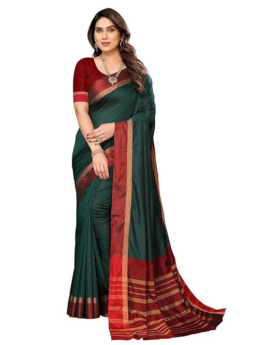 VJ Fashion Women's Striped Pattern Cotton Silk Saree with 6 Yards Length and Unstitched Blouse Piece