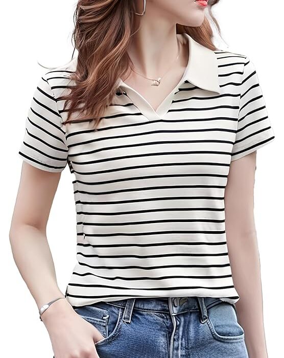 Women Short Sleeve Polo T-Shirts, Lady's Summer Striped Shirt, Collar Neck Casual Tank Tops