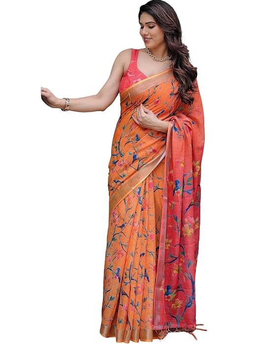 SIRIL Women's Cotton Linen Printed Saree with Unstitched Blouse Piece
