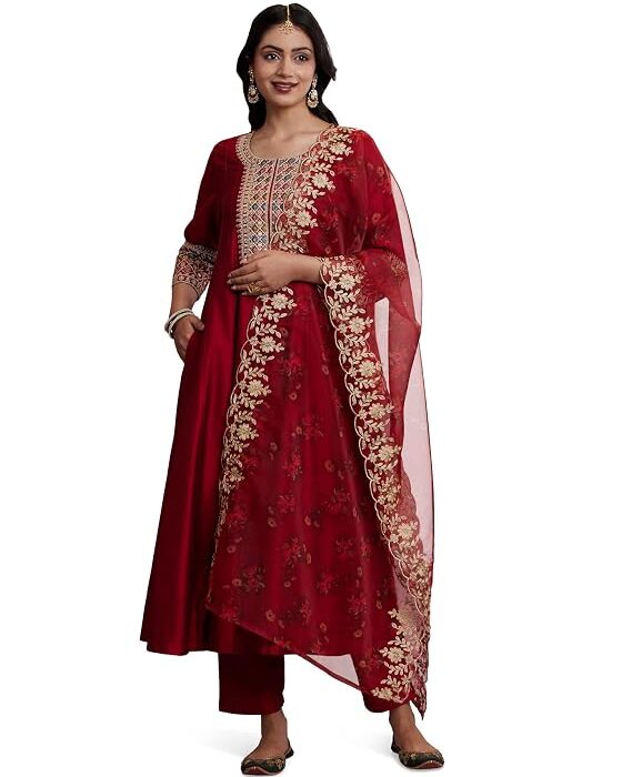 Amazon Brand - Myx Women's Embroidered Anarkali Kurta Suit Set with Organza Dupatta | A-Line Fit