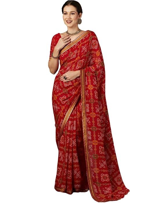 SIRIL Women's Georgette Bandhani Printed Saree With Unstitched Blouse Piece