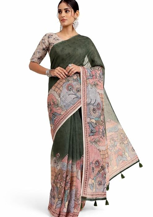 Women's Cotton Linen Blend Saree with Kalamkari Inspired Digital Print | Traditional Handloom Style Saree for Office & Other Ceremonies