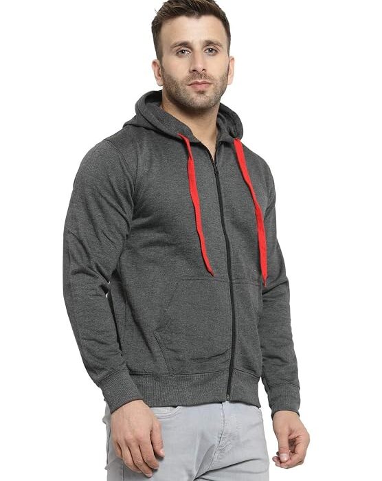 Scott International Men's Cotton Regular Solid Hoodies Sweatshirt Gym Warm Travel Hoodies Pullover Hoodies Stylish Winter Wear with Hood and Pockets Zipper Hoodie, Grey