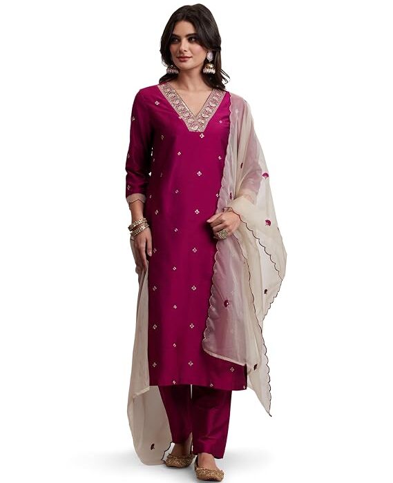 Amazon Brand - Myx Women's Embroidered Kurta Pant Set with Dupatta | Salwar Suit Set