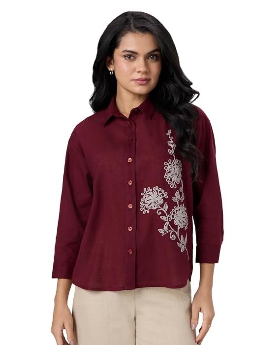 Symbol Premium Women's Embroidered Cotton Shirt | 3/4 Sleeve Button-Down with Floral Embroidery