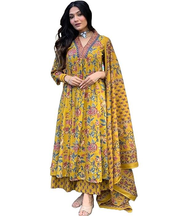 GoSriKi Women's Rayon Viscose Anarkali Printed Kurta with Palazzo & Dupatta