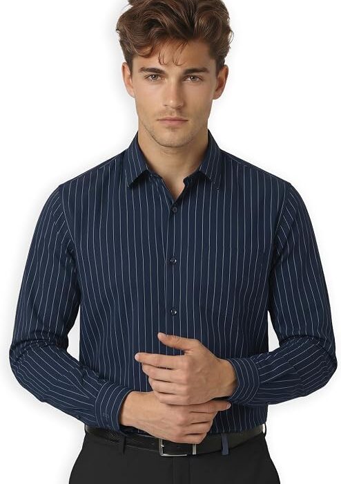 Peter England Men's Slim Fit Full Sleeve Striped Formal Shirt | Cotton Rich | Wonder Fabric | Pin Point Oxford