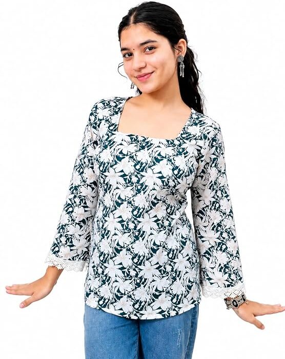 Women's Floral Print Kurti with Square Neck and Lace Trim Sleeves