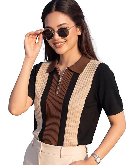 AUSK Women’s Casual Summer Polo Knit T-Shirt | Zip Collar Top | Half Sleeves | Ribbed Panel Design | Lightweight Comfort | Regular Fit