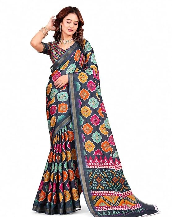 Women's Grey Linen Blend Printed Saree with Running Blouse Piece | Multicolor Floral & Geometric Print | Lightweight Ethnic Wear