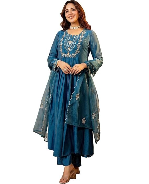 Nermosa Women Embroidery Solid A-Line Kurta and Pant Set with Dupatta