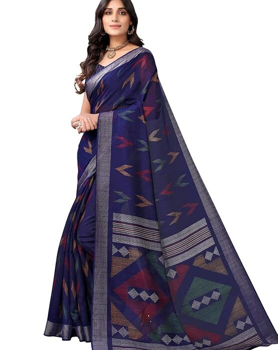 SIRIL Women's Cotton Printed Saree With Unstitched Blouse Piece