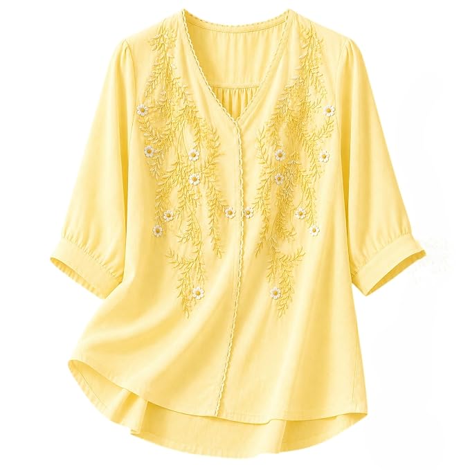 RIEKA Womens Embroidered Korean Style Top and Tunic; V Neck| Floral Thread Embroidery| Three Quarter Puff Sleeves |Relaxed Fit Curved Hem| Casual Everyday Fusion Top