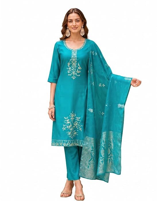 Womens Zardozi Floral Embroidered Kurta with Pant and Heavy Jacquard Border Dupatta Set