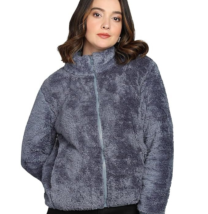 Alan Jones Clothing Women’s Fluffy Yarn Fleece Full-Zip Jacket | Soft Lightweight Warm Outerwear with Stand Collar & Piping at Hem & Cuffs