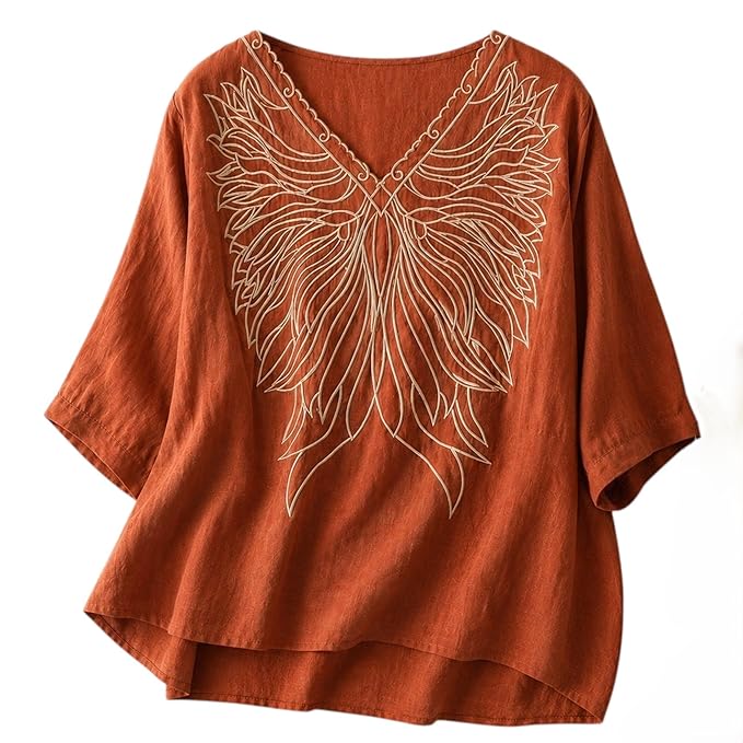 RIEKA Women's Embroidered Top for Women, Maroon V Neck Rayon, 3/4 Sleeve Casual Loose Fit Tunic, Boho Blouse for Women, Korean Style
