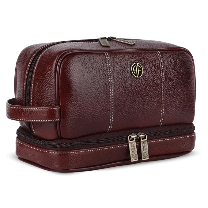 Hammonds Flycatcher Genuine Leather Toiletry Bag for Men and Women Cosmetic Organizer Bag, Travel Organizer Pouch, Shaving Kit Bag, Toiletry Pouch for Men with Multiple Pockets - Brown