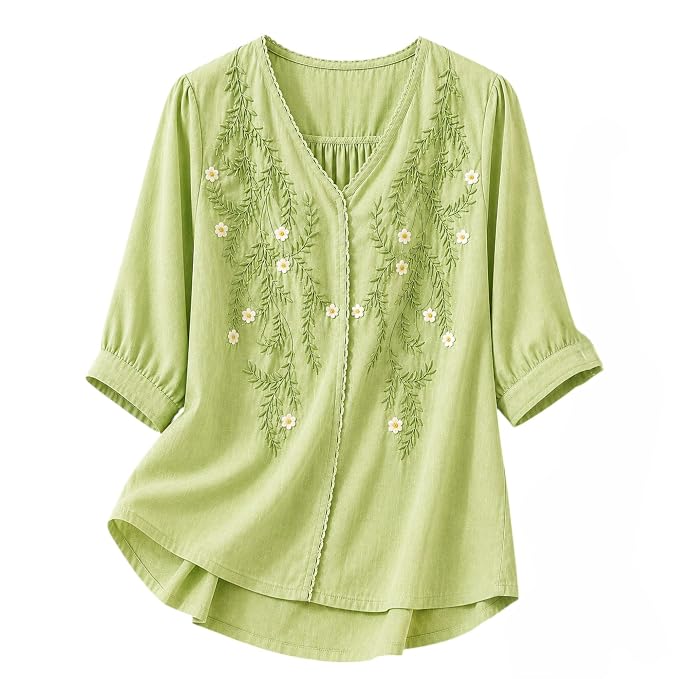 RIEKA Womens Embroidered Korean Style Top and Tunic; V Neck| Floral Thread Embroidery| Three Quarter Puff Sleeves |Relaxed Fit Curved Hem| Casual Everyday Fusion Top