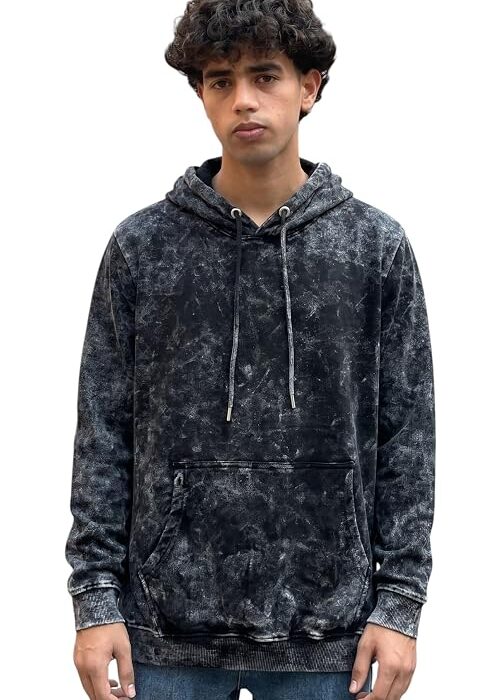 Unisex Acid Wash Hooded Sweatshirt, Black and Grey, Casual Pullover