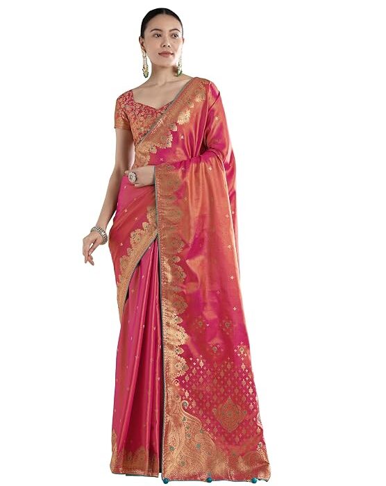 Monjolika Fashion Women's Banarasi Tissue Silk Paisley Zari Woven Saree With Blouse For