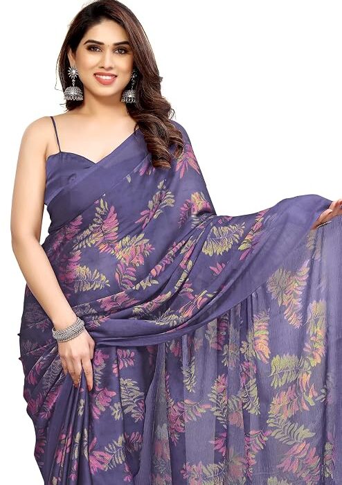 MIRCHI FASHION Saree for Woman Chiffon Leaf Printed | Lightweight Daily Wear Comfortable Women's Sari with Blouse Piece